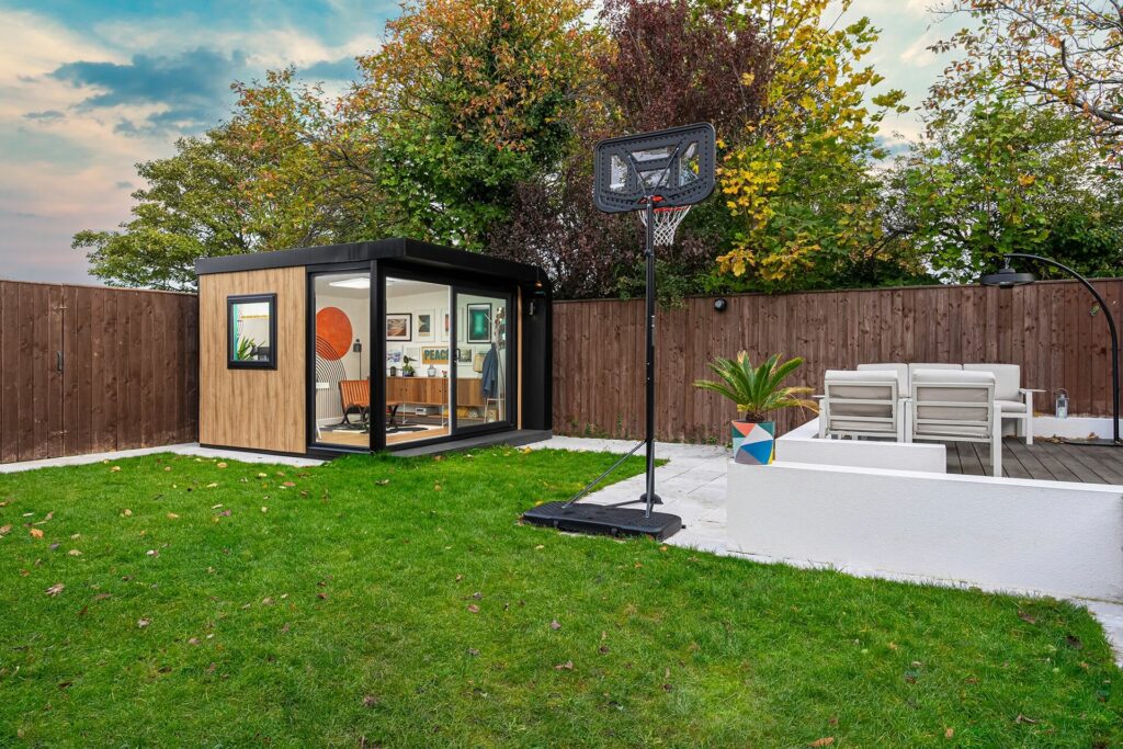 Outdoor shot of garden room with garden landscape