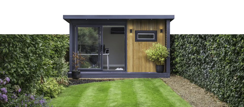 garden office with sliding doors and updown lights
