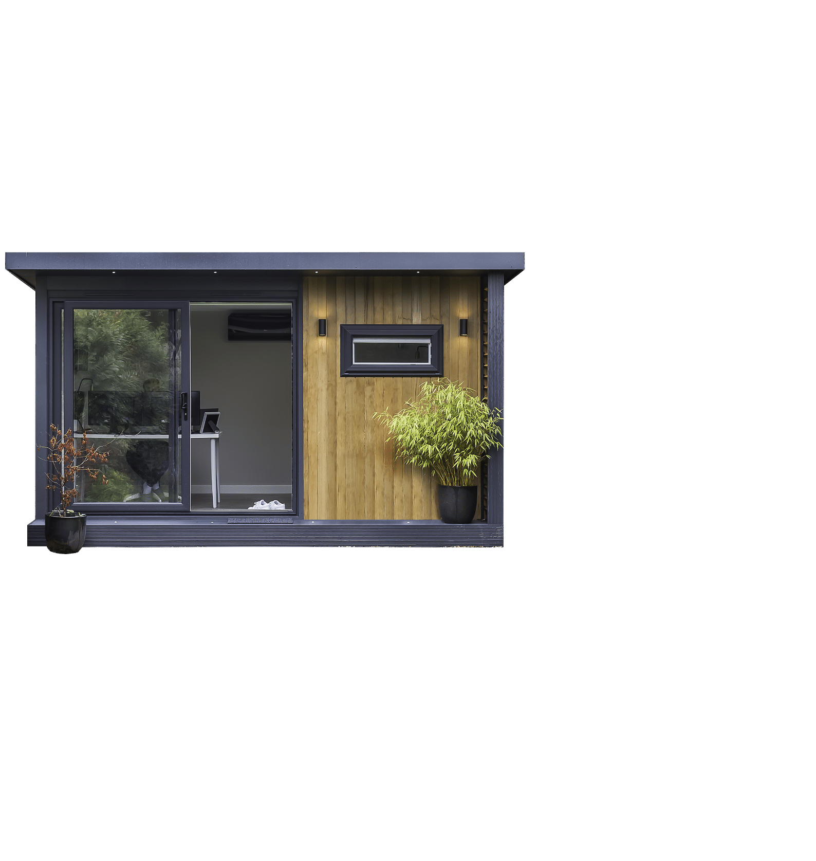 garden office with sliding doors and updown lights